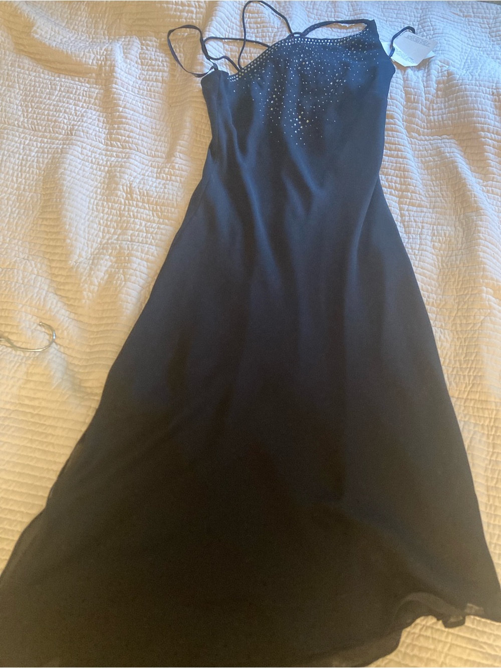 New CDC Black MIDI Slip Bias hem Dress with Crystal Accents